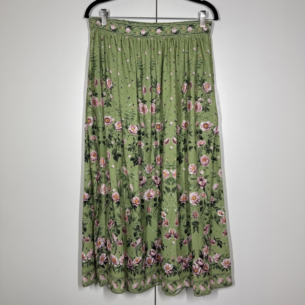Max Studio Green Floral Midi Skirt women's sz M Cottagecore Prairie Linen Blend - Picture 2 of 10